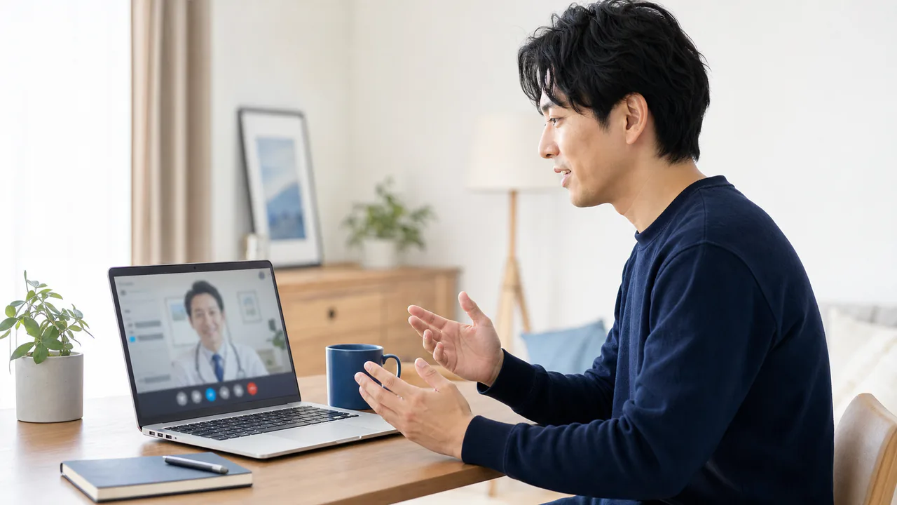 早漏についてオンライン診療で相談する場面 早漏の悩みを自宅からオンライン診療で相談する成人男性