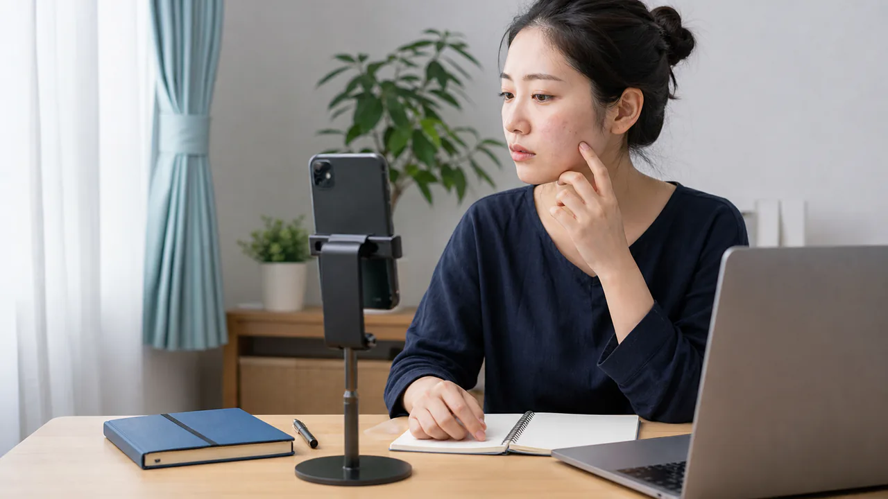 オンライン再診に向けて同じ照明と角度で顔の写真を準備する成人女性