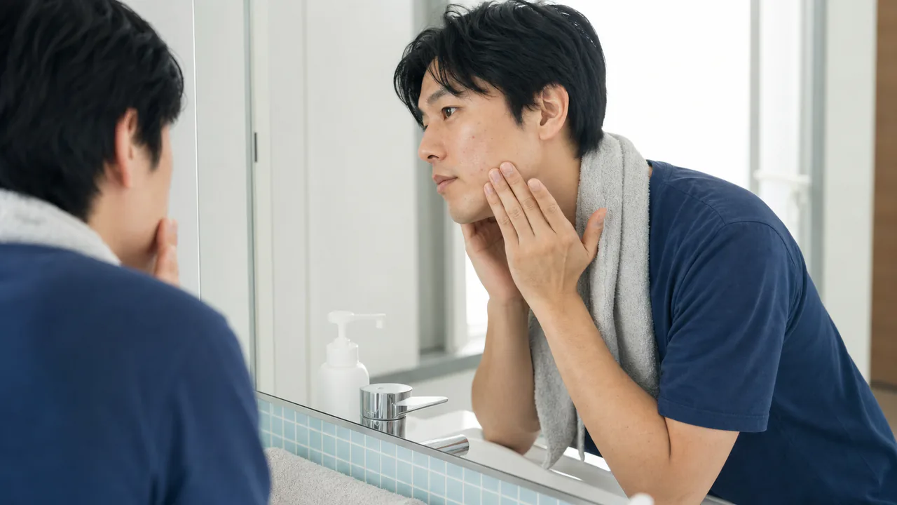 ニキビ治療中に肌をこすらずやさしくスキンケアする成人男性