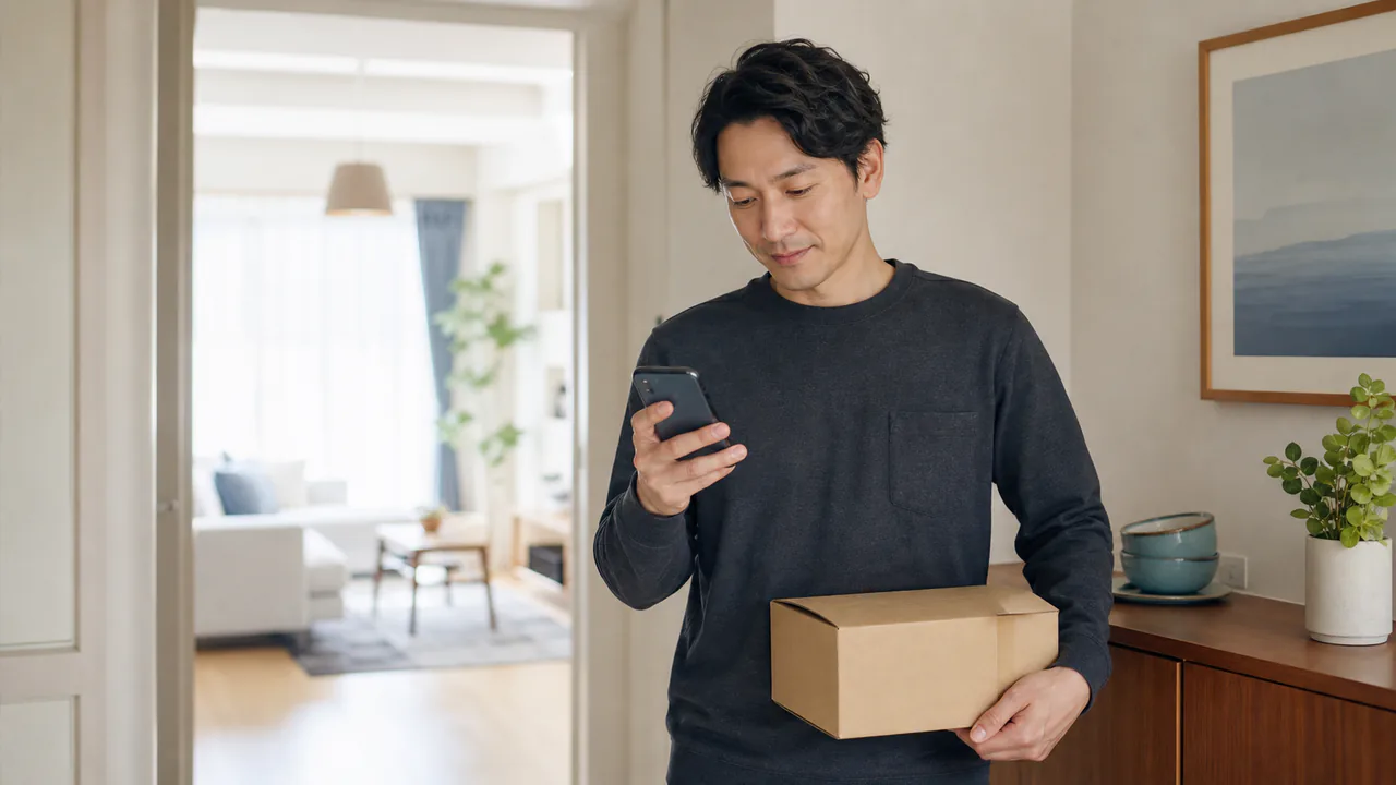 処方薬の受け取りと再診予定を確認する様子 オンライン診療後に届いた無地の荷物を受け取り再診予定を確認している人