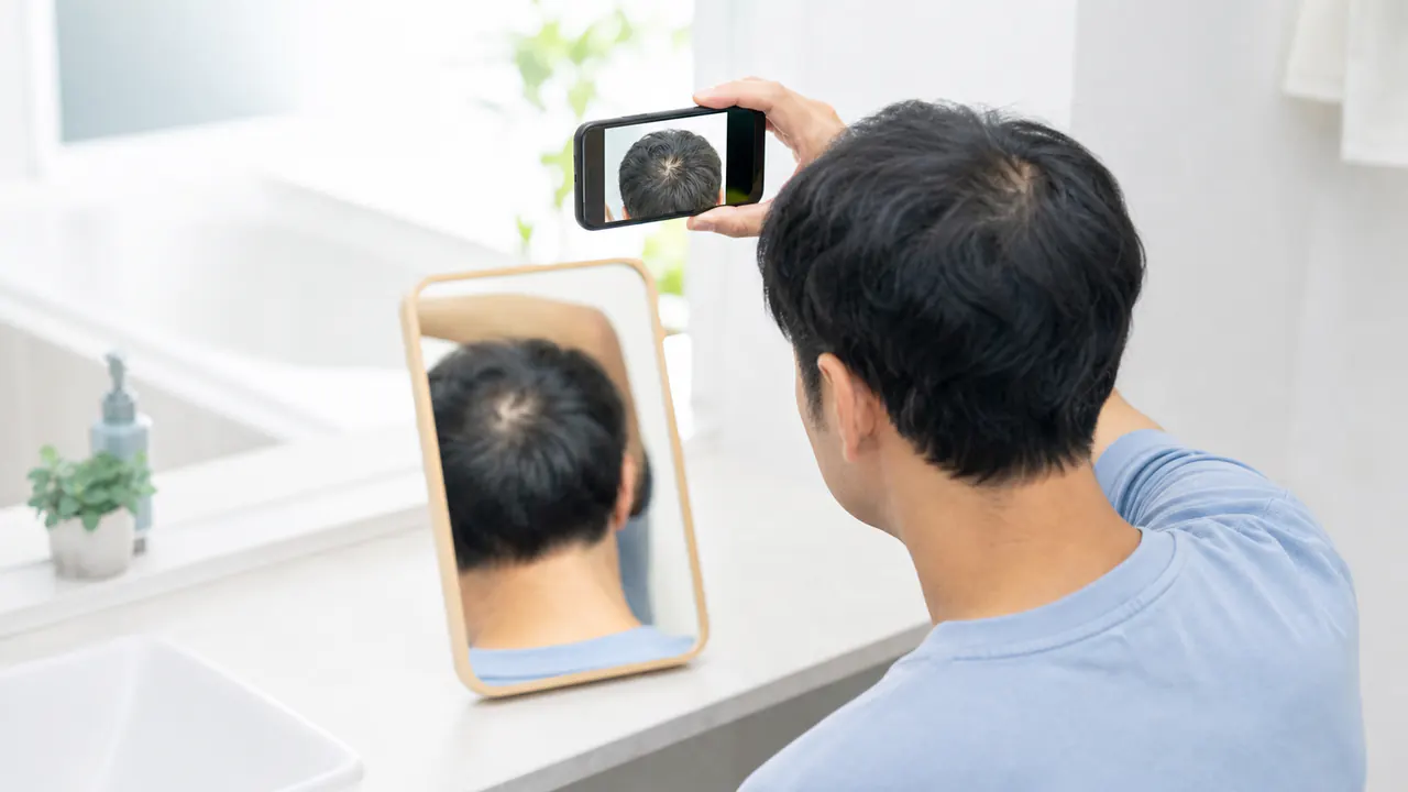 同じ条件で頭髪の状態を記録する様子 AGAの経過確認のため同じ照明と角度で頭髪を撮影している男性