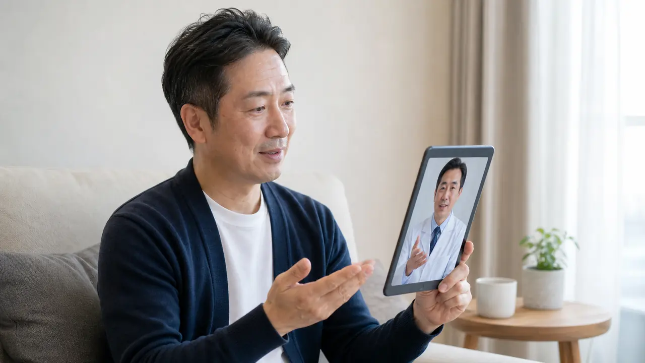 ED治療薬の効果と副作用をオンライン再診で確認する場面 ED治療薬の服用後の体調をオンライン再診で相談する成人男性