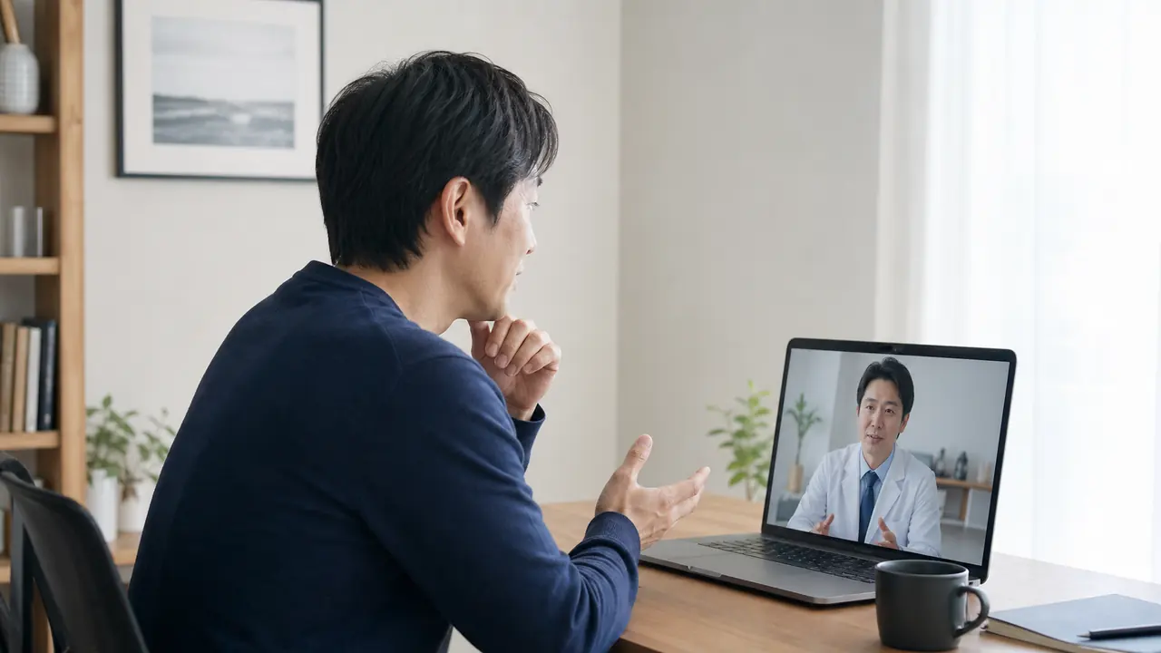 ED治療薬の選び方をオンライン診療で相談する場面 ED治療薬の違いを自宅からオンライン診療で医師に相談する成人男性