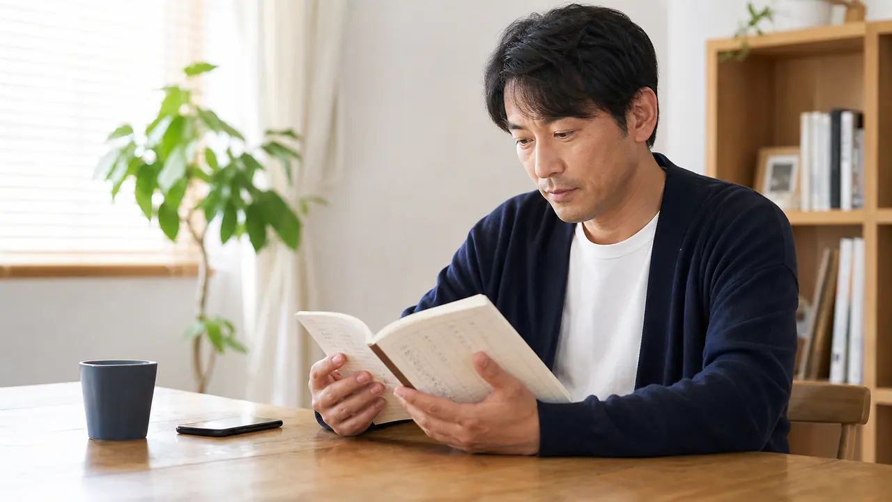 ED治療薬の安全確認に向けて服用薬を整理する場面 ED治療薬の診察前に持病と服用中の薬をノートで確認する成人男性