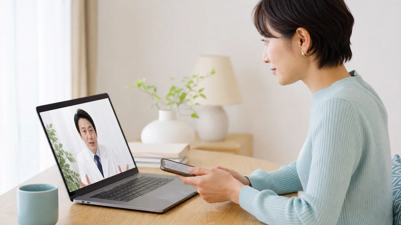 自宅から皮膚症状について医師へオンライン相談する場面