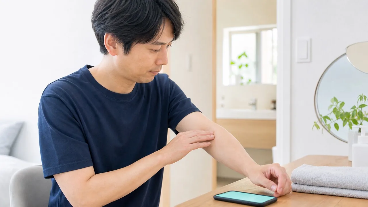 自宅で腕の皮膚状態を落ち着いて観察しオンライン相談を検討する男性