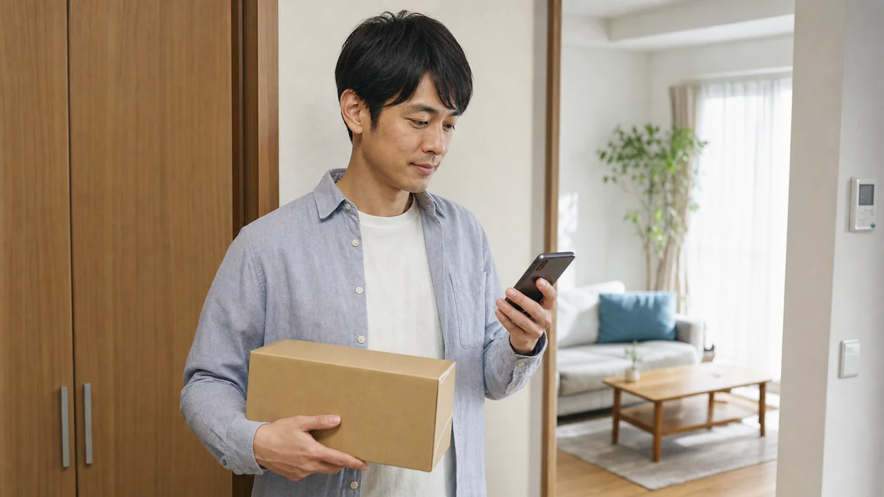 花粉症の処方後に荷物と再診予定を確認する様子 オンライン診療後に届いた無地の荷物を受け取り再診予定を確認する成人男性