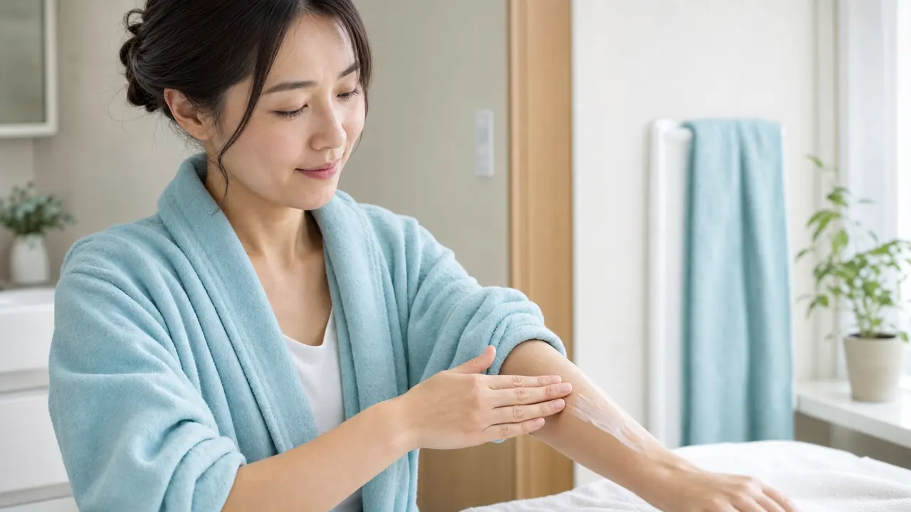 入浴後に腕へ外用剤をやさしく塗る女性