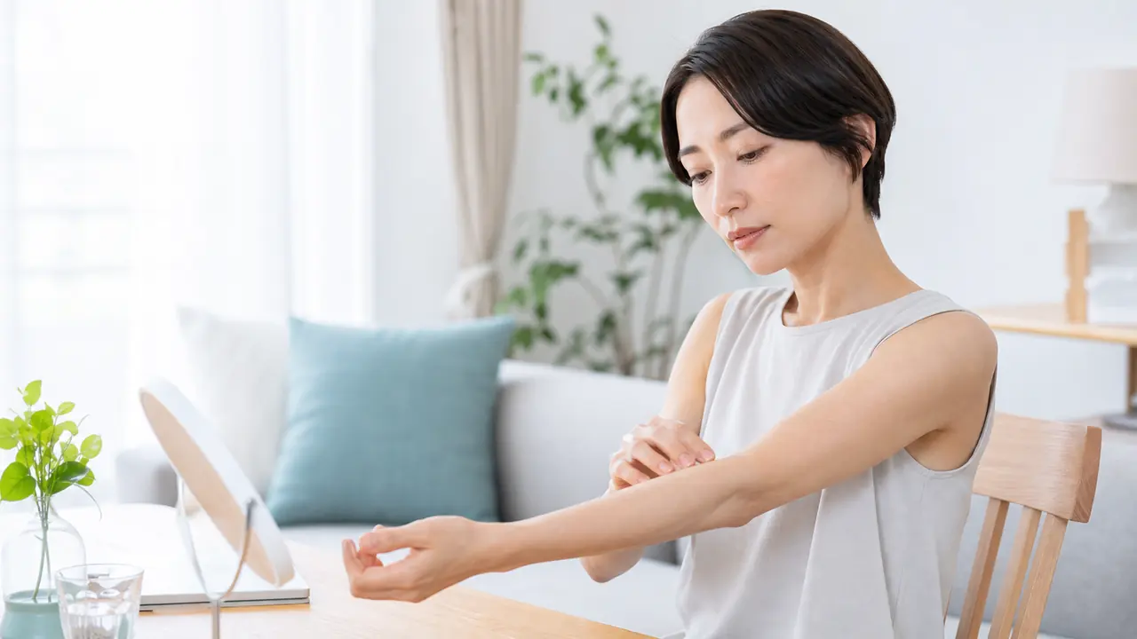 自宅で腕の乾燥状態を確認し診察で伝える内容を整理する女性