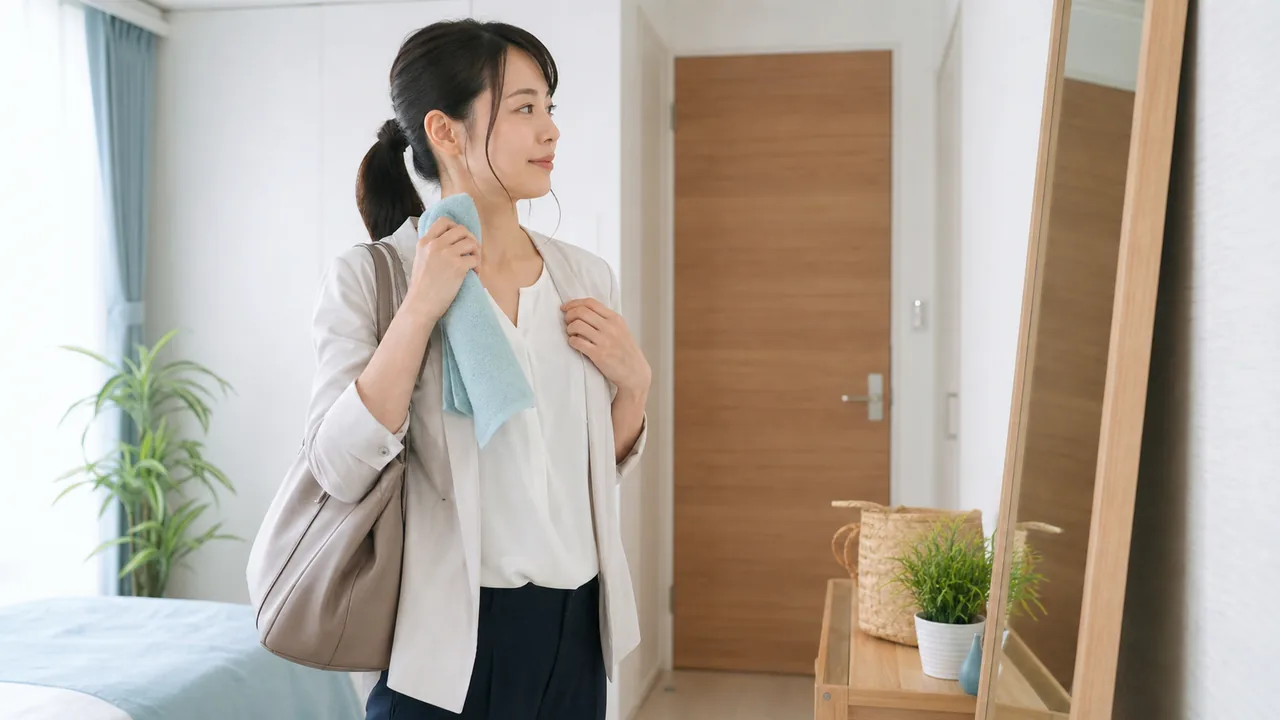 多汗症と日常生活の工夫 外出前に汗への備えを確認する女性の日常場面