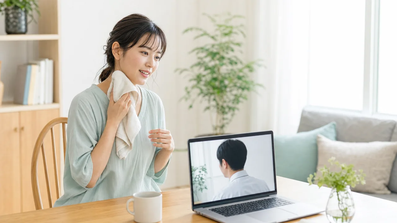 多汗症のオンライン診療相談 自宅で汗の悩みをオンラインで医師に相談する女性