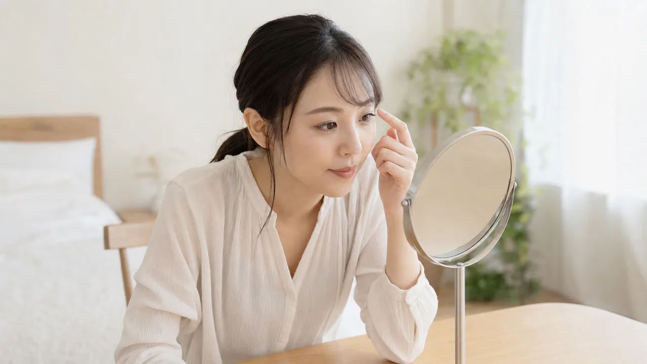 鏡の前で目元の状態を確認しながら日々のケアを管理する女性