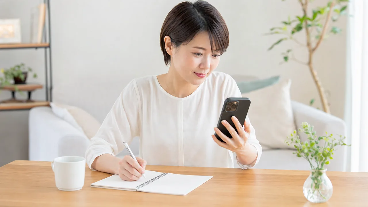 オンライン診療後に目元の体調と再診予定を確認する女性