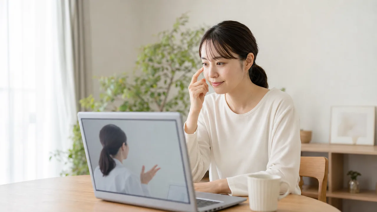 自宅でまつ毛の悩みをオンラインで医師に相談する女性