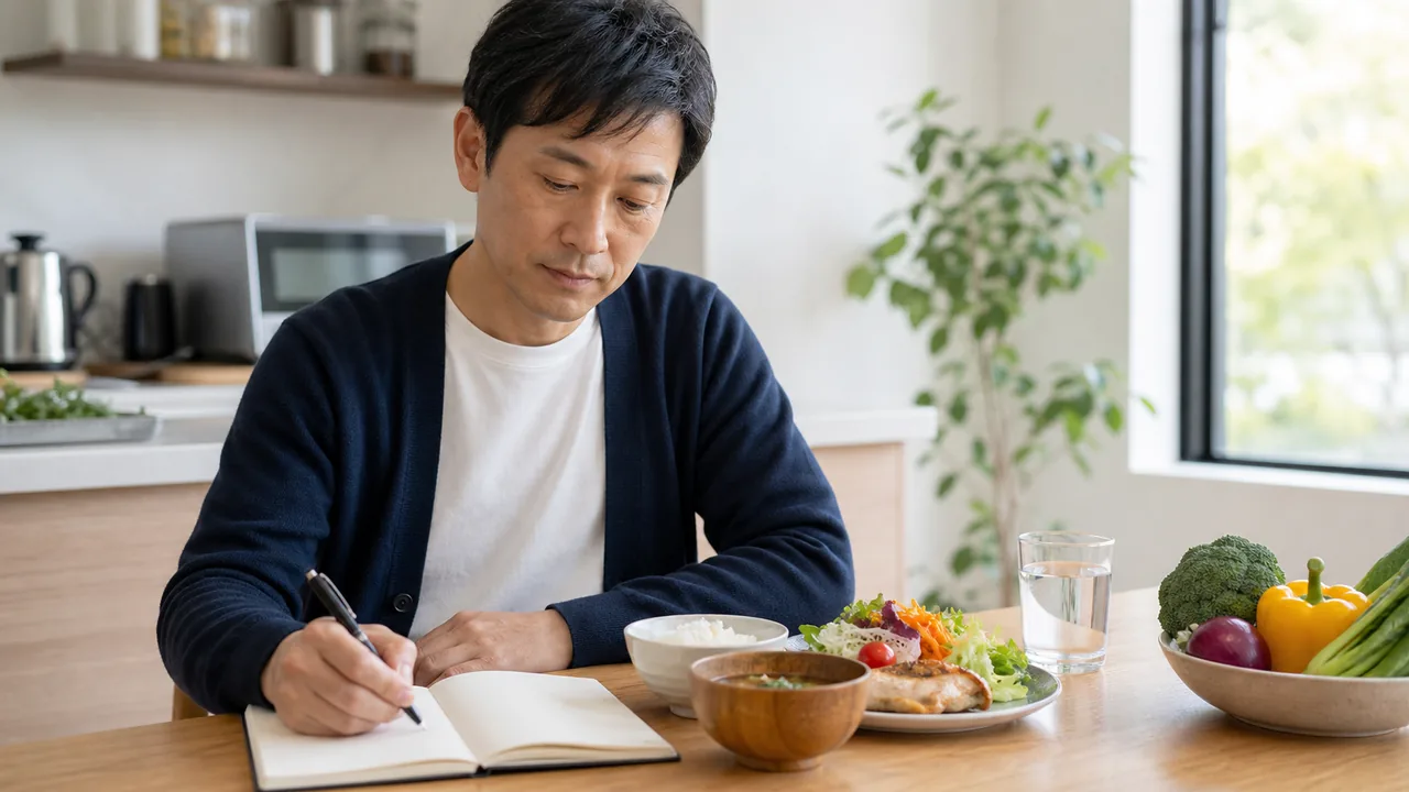バランスのよい食事と体調をノートに記録する成人男性