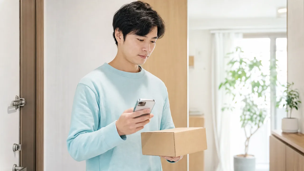オンライン診療後に無地の荷物を受け取り再診予定を確認する成人男性