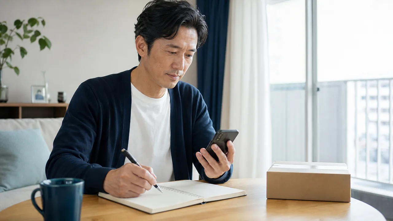 AGA治療の再診予定と経過を管理する場面 オンライン再診の予定と治療経過をノートに整理する成人男性