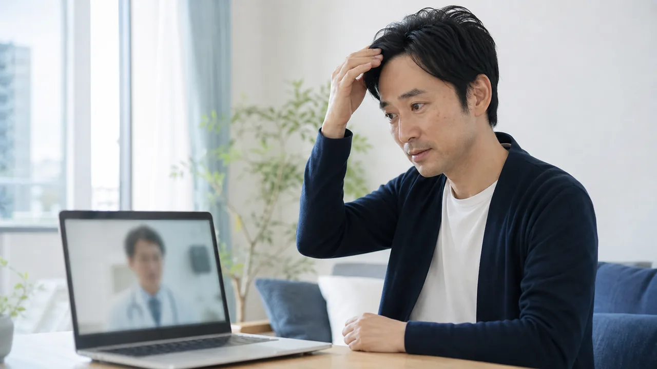 AGAについてオンライン診療で相談する場面 自宅からAGAの悩みを医師へオンライン相談する成人男性