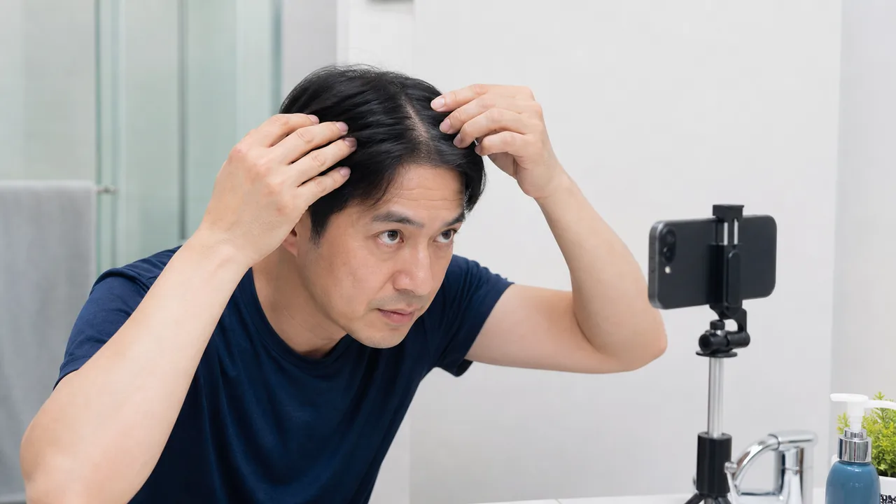 AGA治療の経過写真を同じ条件で記録する場面 オンライン再診用に同じ条件で頭髪写真を準備する成人男性