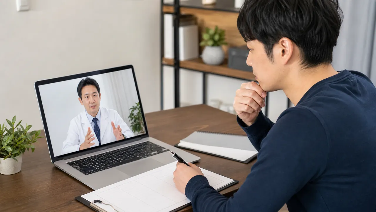 AGA治療前に服用中の薬とサプリの情報を医師と確認する男性