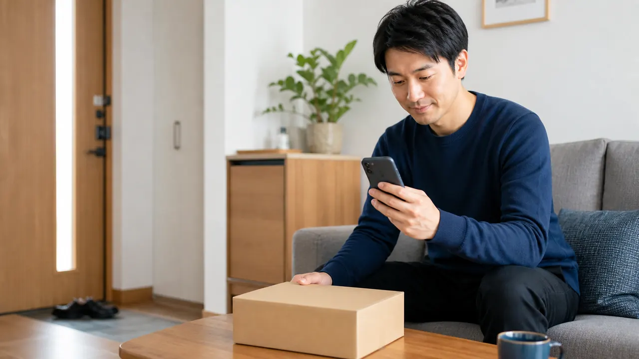 AGAオンライン診療後の配送と再診予定を確認する男性