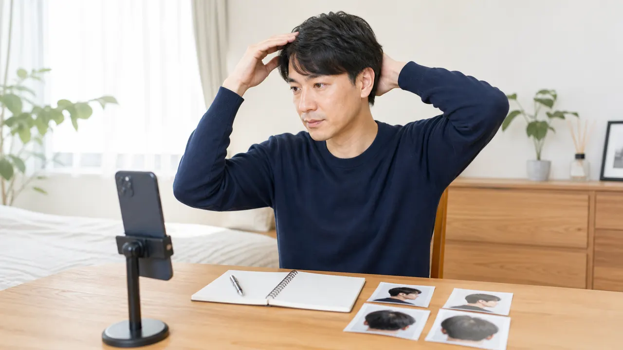 AGAオンライン診療前に頭部写真を準備する男性