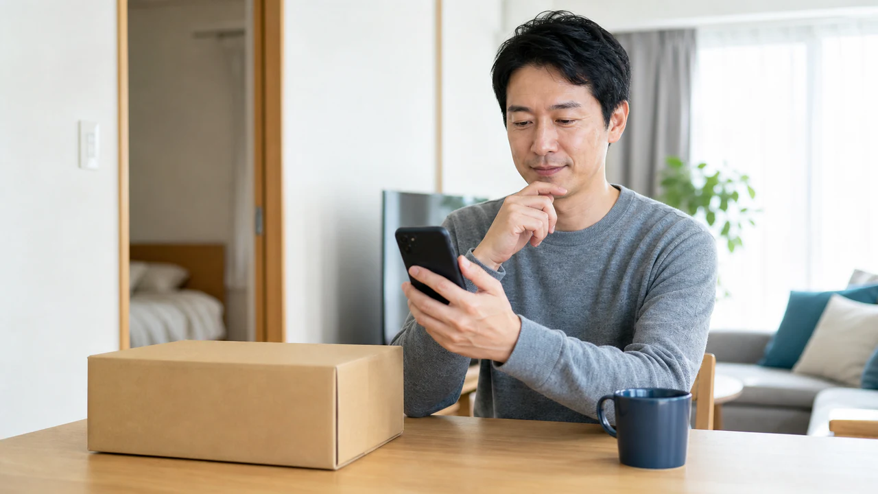 AGAオンライン診療後の配送物と再診案内を確認する男性
