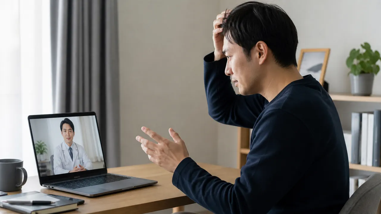 AGA治療中の体調変化をオンラインで医師に相談する男性
