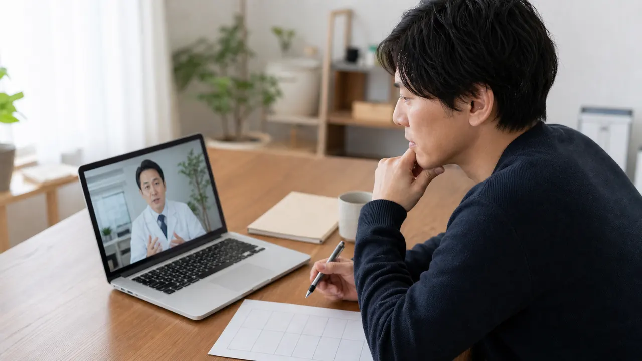 AGA治療の費用と治療選択肢を医師と確認する男性