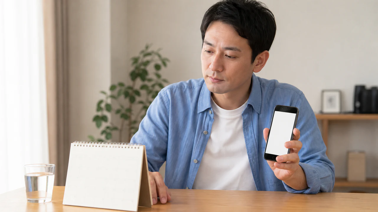 AGA治療の服用予定と再診日を自宅で確認する男性