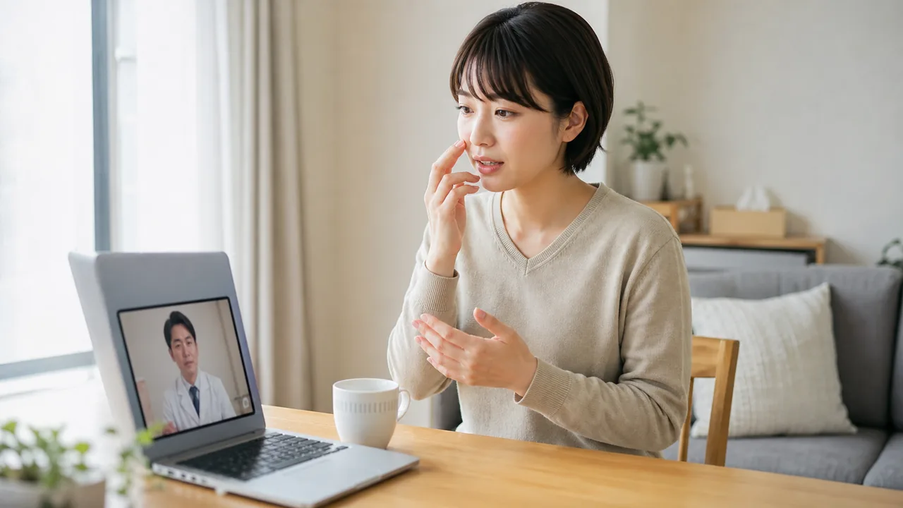 自宅からアレルギー性鼻炎の症状を医師へオンライン相談する成人女性