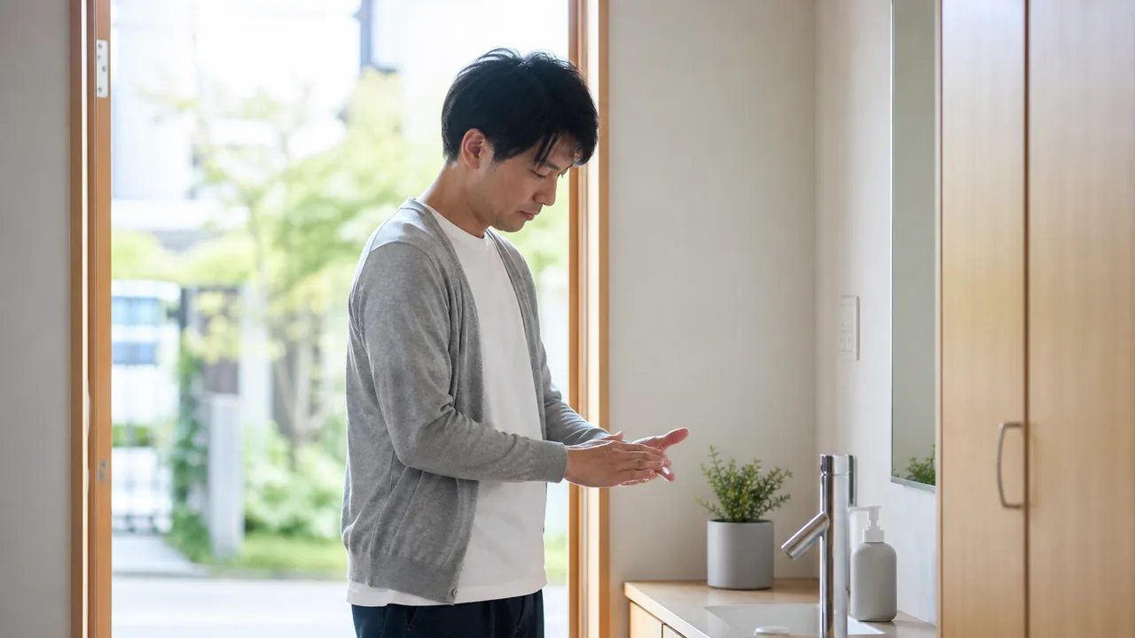 アレルギー性鼻炎の時期に生活環境を整える場面 花粉の時期に帰宅後の生活管理を行う成人男性