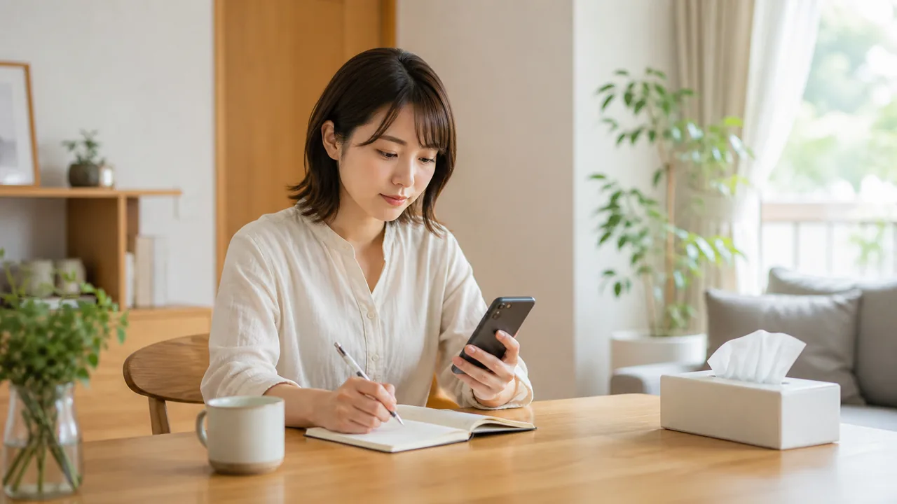 自宅で鼻炎症状と日々の使用予定を記録する成人女性