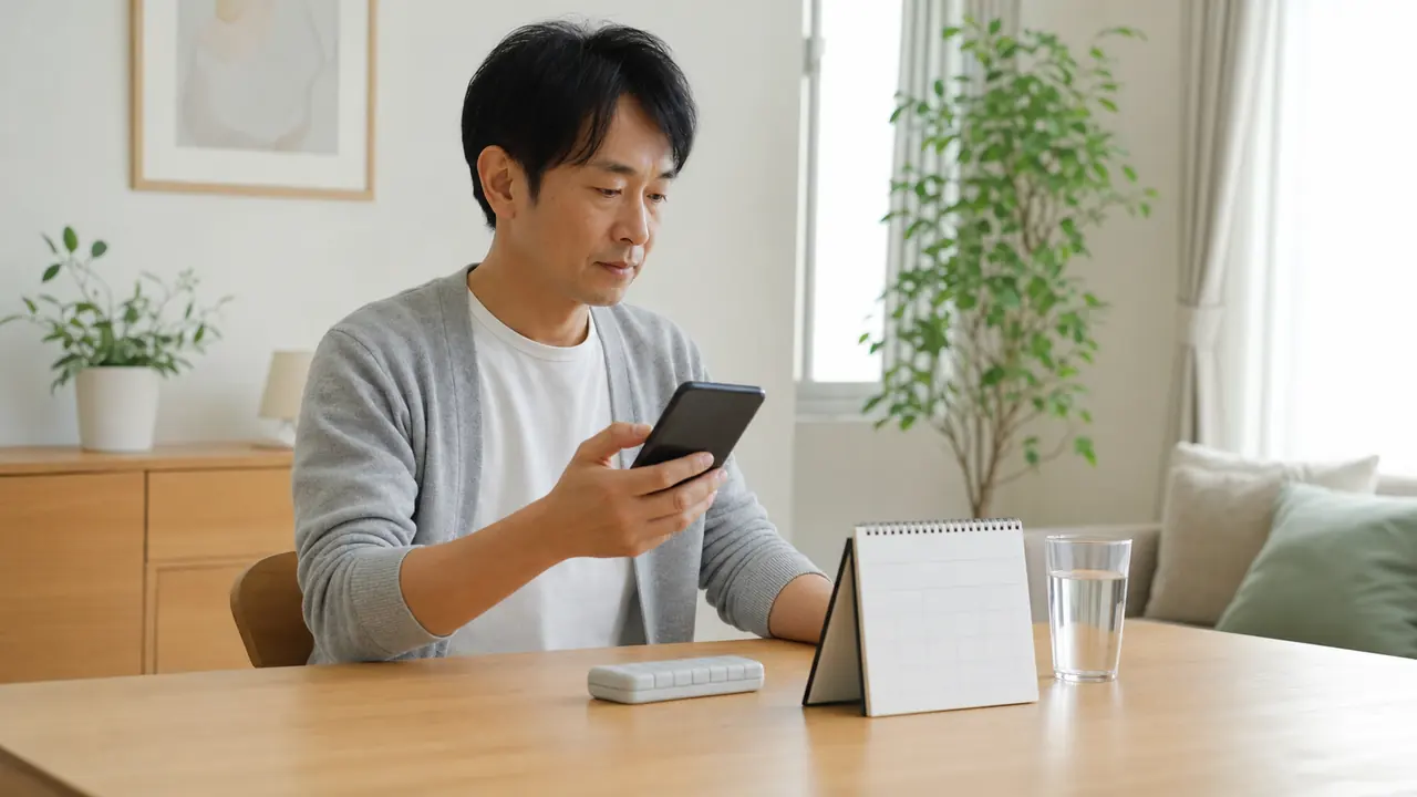空腹時服用を続けるために時刻を管理する場面 食事と服用時刻の間隔をスマートフォンで確認する男性