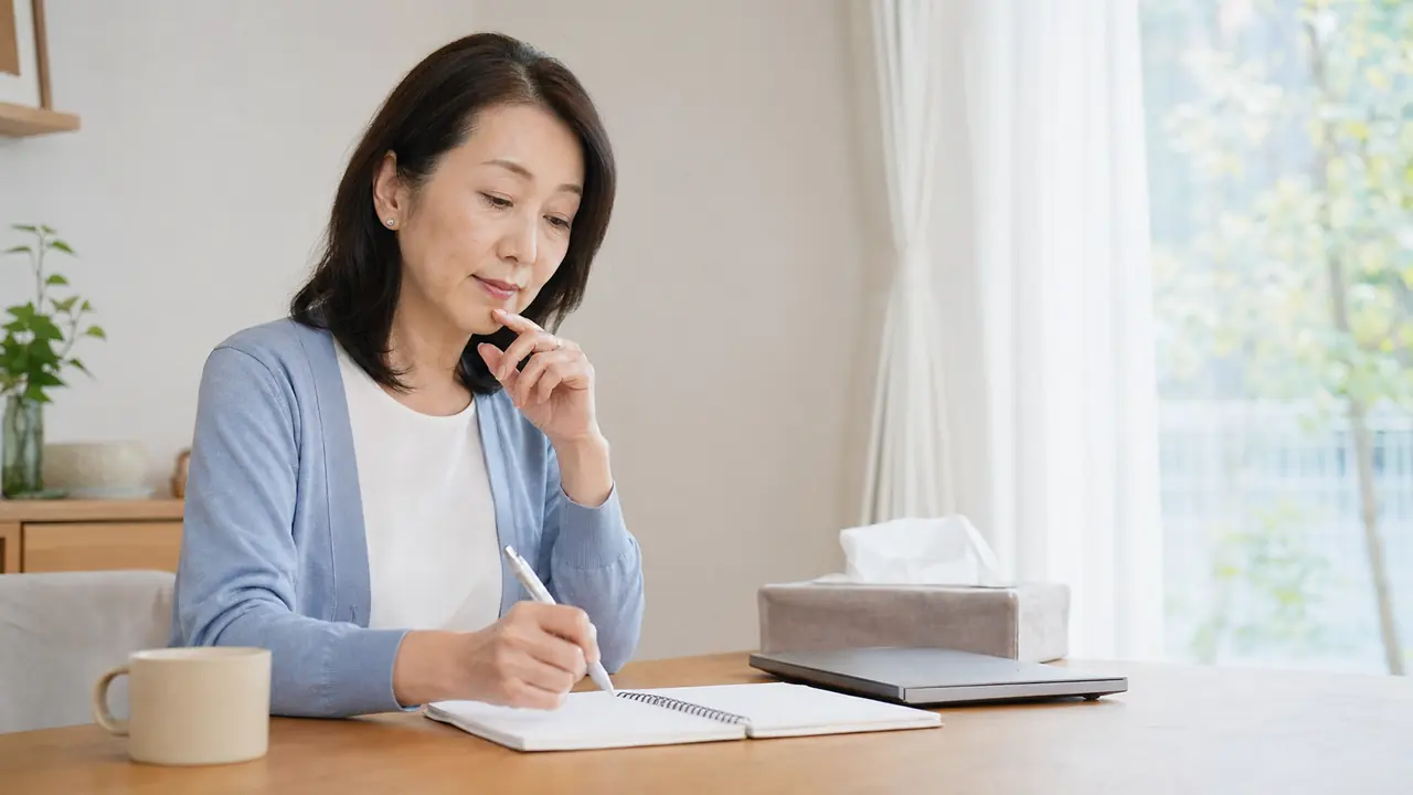再診前に症状と服用状況を整理する場面 アレルギー症状の経過をノートに記録する女性