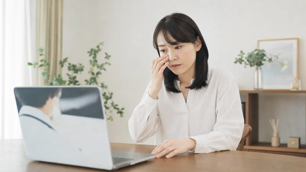 ビラスチンについてオンライン診療で相談する場面 自宅から鼻症状についてオンライン診療で相談する女性