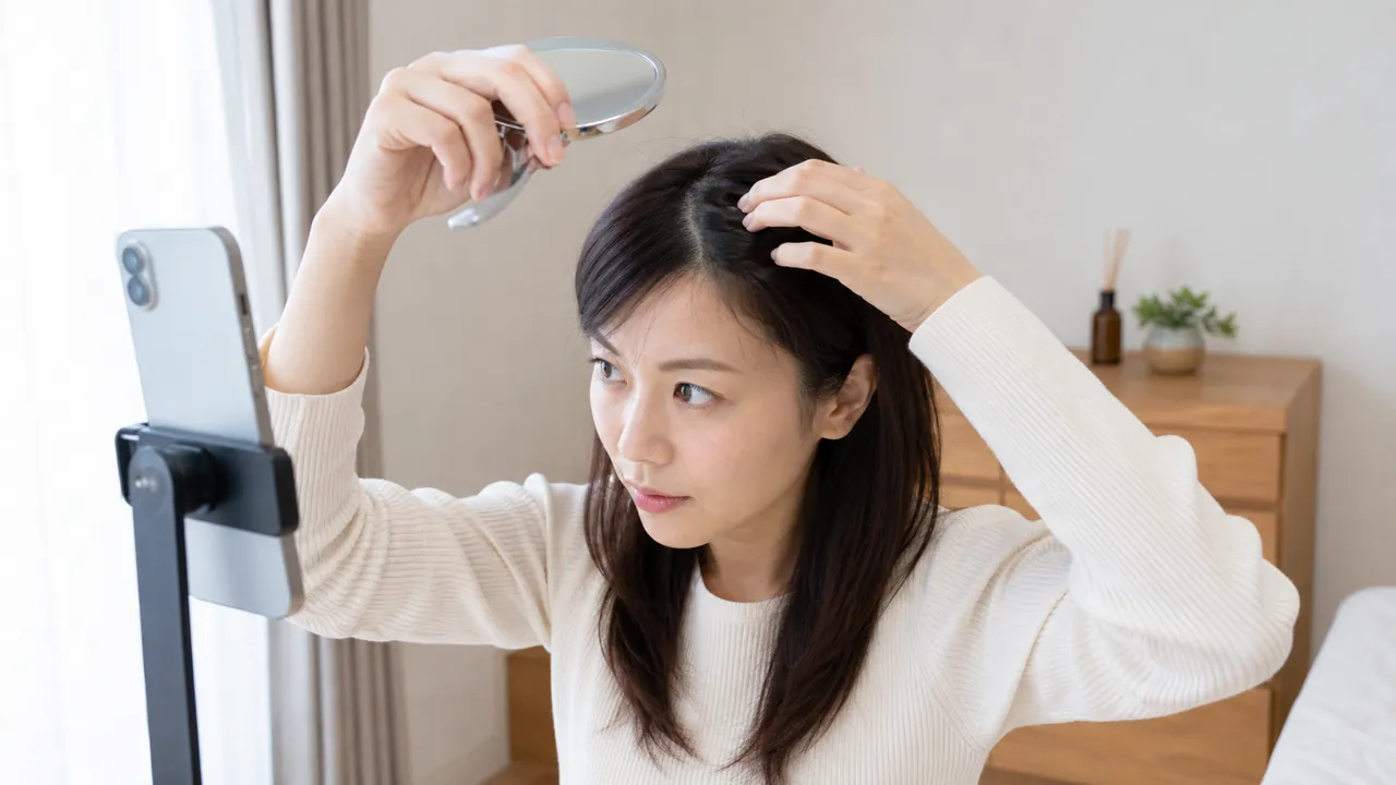 円形脱毛症の状態記録 脱毛症の状態を記録する女性