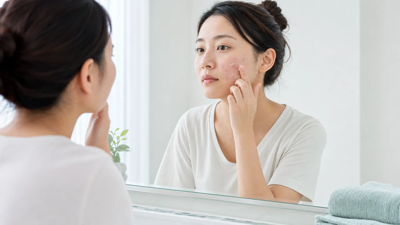 洗顔後にニキビのある頬へ少量の外用剤を塗る女性