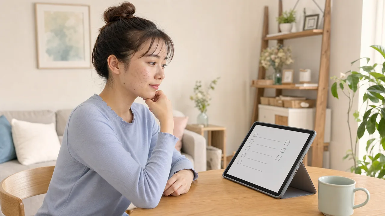 自宅で肌の状態と治療経過を確認し再診に備える女性