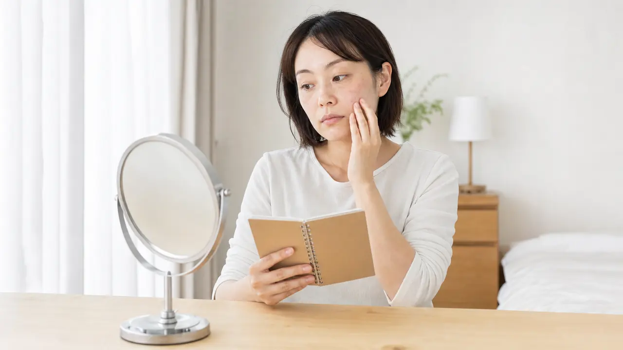 肌の変化を確認して再診時に伝える内容を整理する場面 鏡で肌の状態を確認し再診に備えて記録する女性