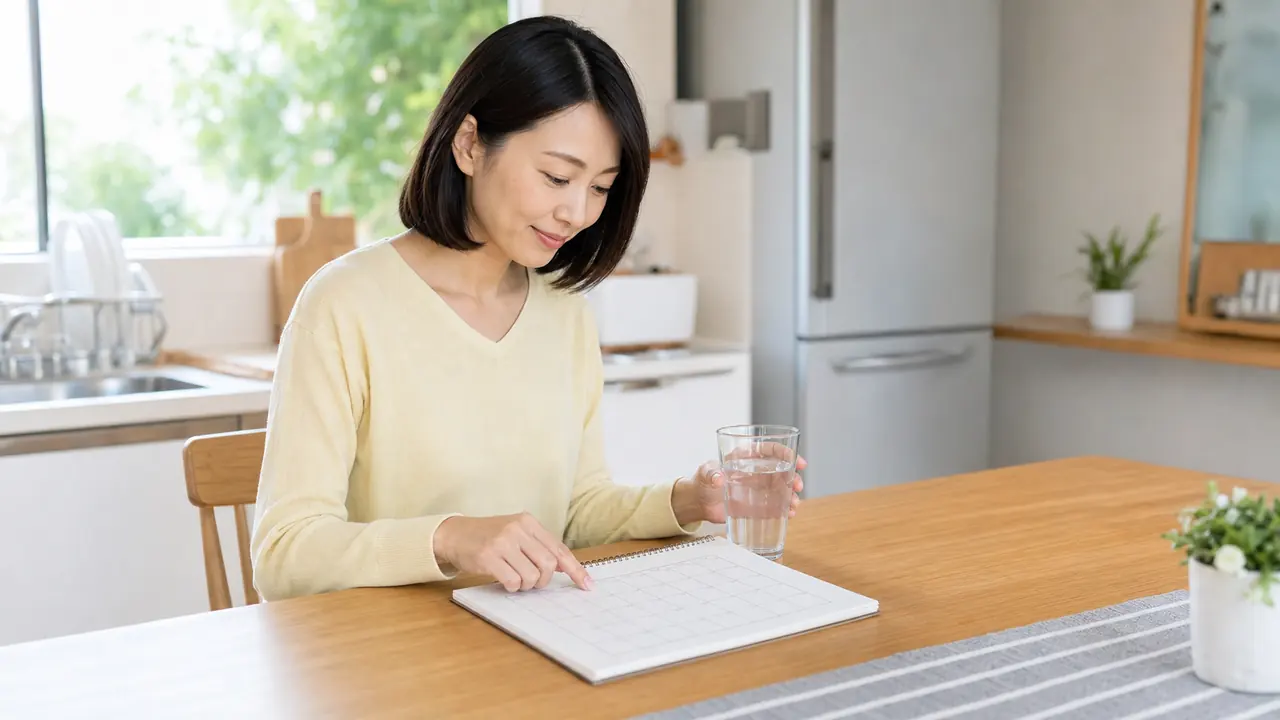 服薬時刻と処方指示を生活の中で確認する場面 服用時刻をカレンダーで確認し水を準備する女性