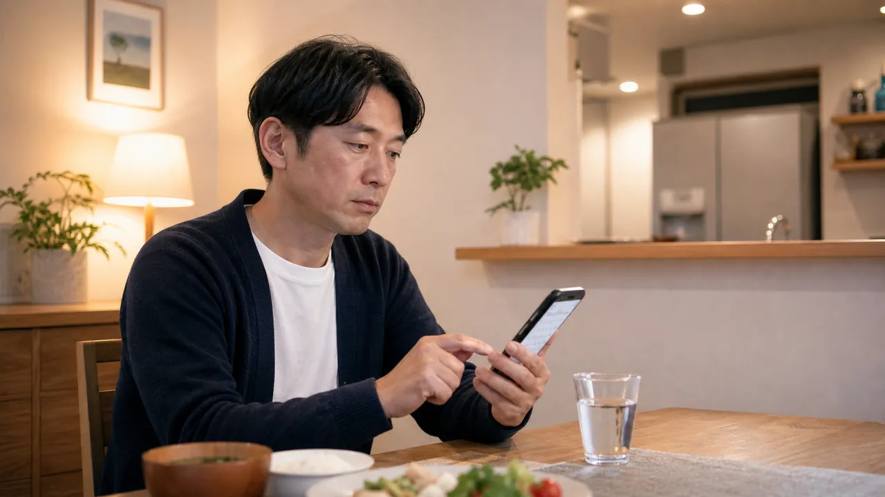 食事と服用タイミングを確認する男性