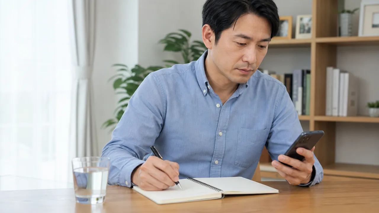 診察前に服用状況を整理する男性