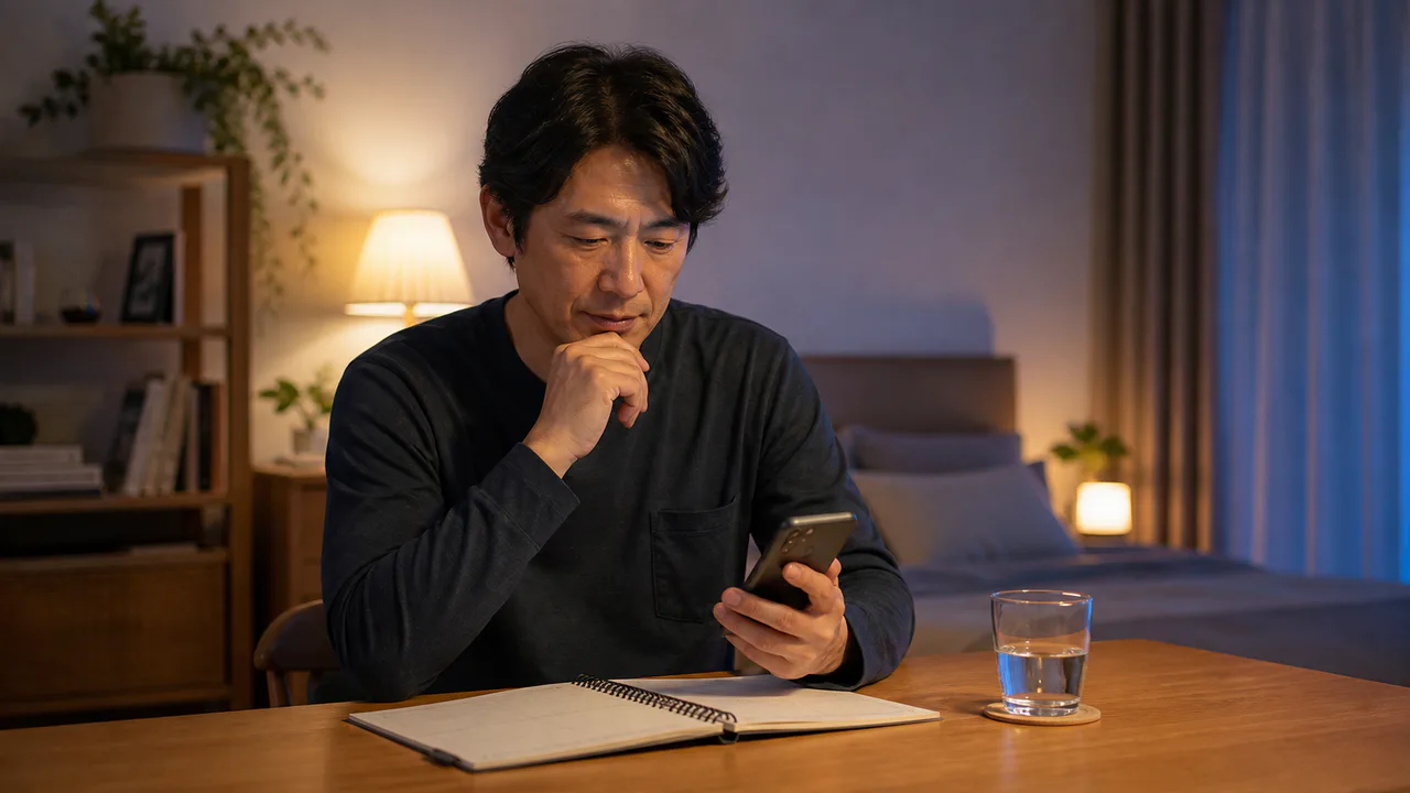 モンテルカストの服用時刻と症状を管理する場面 就寝前にスマートフォンの服薬予定と症状記録を確認する成人男性