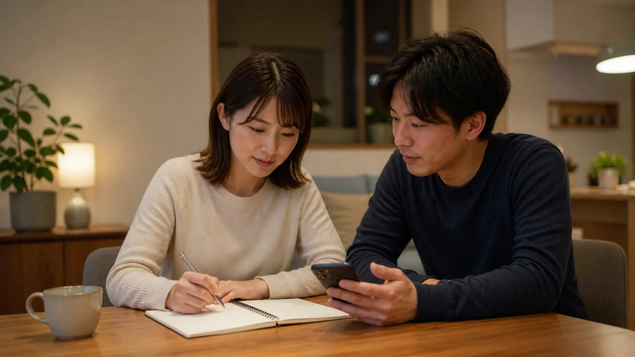 モンテルカスト服用後の気分・睡眠の変化を家族と確認する場面 気分や睡眠の変化をノートに記録し医療機関へ相談する準備をする成人女性と家族