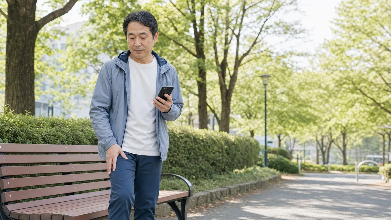 散歩中に膝の状態を落ち着いて確認しスマートフォンへ記録する男性