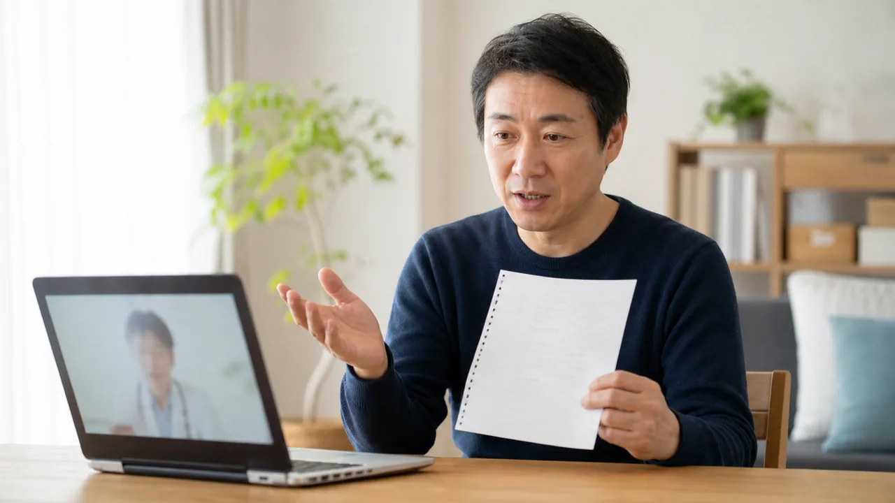 自宅からMSMサプリメントの摂取について医師へオンライン相談する男性