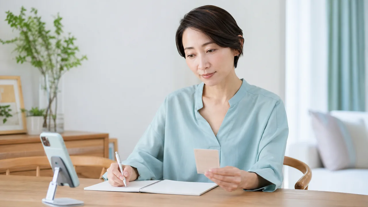 スマートフォンとノートでサプリメントの成分表示と利用状況を確認する女性