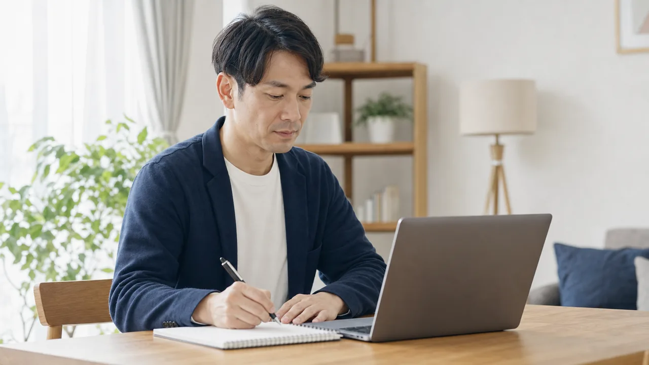 早漏治療の経過を整理して再診に備える場面 オンライン再診の前に症状と副作用をノートへ記録する成人男性