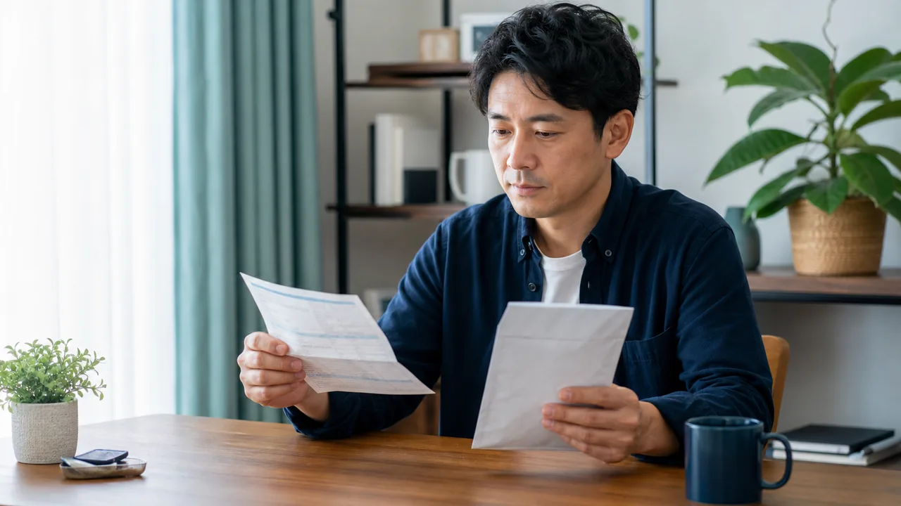 早漏治療の処方内容と配送条件を確認する場面 処方内容と配送書類を自宅で確認する成人男性